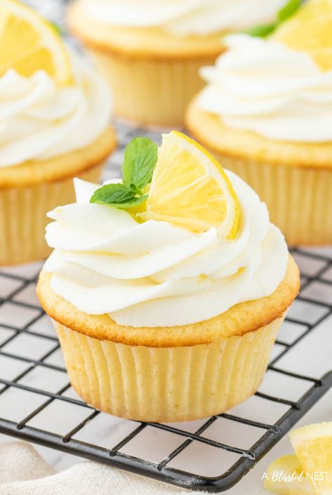 Lemon Cupcakes With Cream Cheese Frosting - A Blissful Nest Lemon Cupcake Recipe Easy, Easy Lemon Cupcakes, Delicious Lemon Desserts, Candied Lemon Slices, Lemon Cupcake Recipe, Lemon Cupcake, Lemon Buttercream Frosting, Honey Granola, Lemon Cream Cheese Frosting