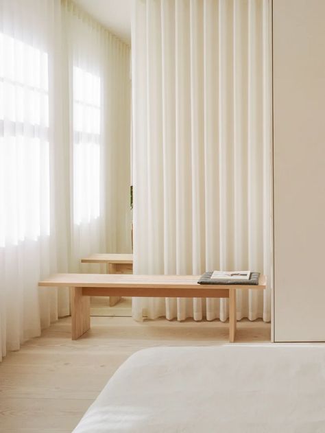 Architecture for London, Christian Brailey, Lorenzo Zandri · Low Energy House · Divisare Edwardian Terrace House, Minimal Bedroom Design, Calm Bedroom, Lime Plaster, Wave Curtains, Interior Minimal, House In London, Structural Insulated Panels, Minimal Bedroom