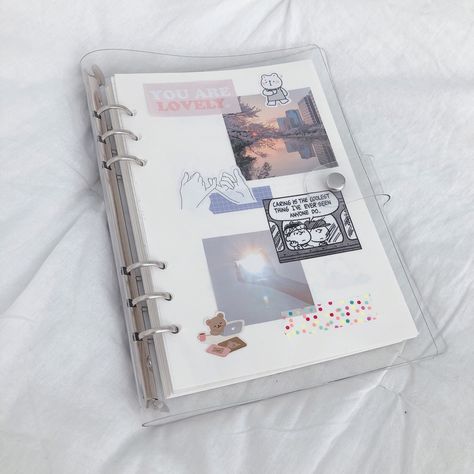 Binder Notebook Design Ideas, Aesthetic Binders For School, Clear Binder Aesthetic, Clear Journal, School Supplies 2023, Aesthetics Notes, Binder Aesthetic, Binder Inspiration, Clear Binder