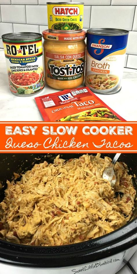 EASY SLOW COOKER QUESO CHICKEN TACOS - Taco night just got a lot more flavorful with this SUPER EASY, delicious weeknight meal that makes the BEST chicken tacos! Only a few ingredients and minutes to throw together. Slow Cooker Queso Chicken, Queso Chicken Tacos, Slow Cooker Queso, Queso Chicken, Chicken Tacos Easy, Slow Cooker Recipe, Crockpot Dishes, Taco Night, Think Food