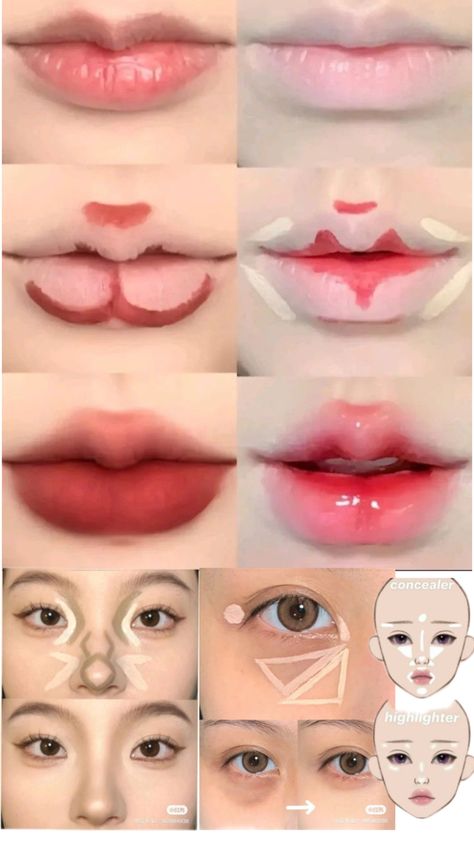 Lip Makeup For Small Lips, Makeup Placement Face Chart, How To Make Lips Look Bigger, Baby Doll Makeup, Japan Makeup, Ball Makeup, Asian Makeup Tutorials, Makeup Charts, Korean Makeup Tips