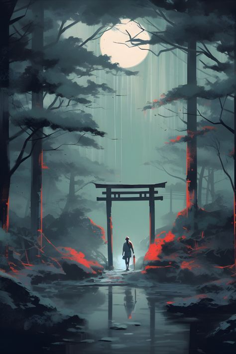 In a tranquil Japanese forest, a lone figure stands beneath a majestic torii gate. Surrounded by vibrant greenery, they embody a sense of quiet reverence, their presence adding a touch of mystique to the serene scene. Torri Gate Art, Japanese Forest Art, Torii Gate Drawing, Torri Gate, Tori Gate, Forest Sketch, Medieval Japan, Japanese Ink Painting, Japanese Forest