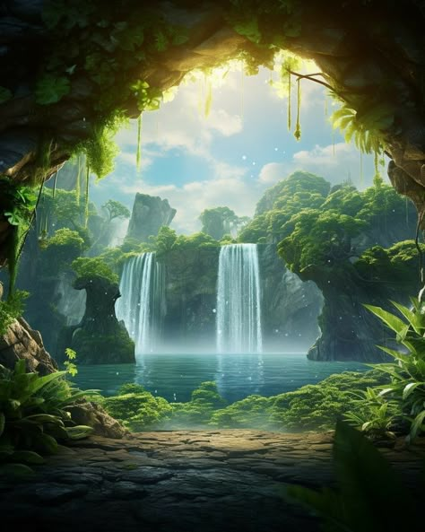 African Environment Concept Art, Anime Waterfall Background, Jungle Scenery Landscapes, Fantasy Nature Landscape, Magical Island Art, Tropical Fantasy Art, Natural Background For Editing, Green Background For Editing, Anime Waterfall