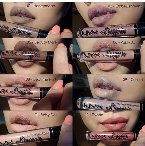 ριитєяєѕт: @вєℓℓαкєяz♡ Nyx Lingerie Lipstick, Best Nyx Products, Nyx Lingerie, Nyx Lipstick, Beauty Make-up, Nyx Makeup, Makeup Swatches, Lip Glosses, Drugstore Makeup