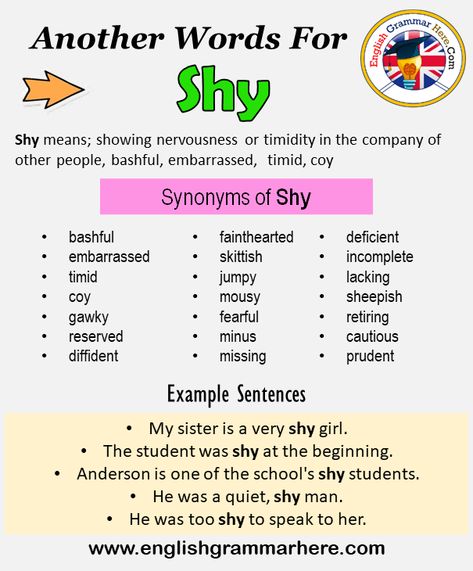 Another word for Shy, What is another, synonym word for Shy? Every language spoken around the world has its own characteristics. When learning a new language, it will be very useful to learn words for that language. In addition, in a language learning process, learning the words together with their synonyms will be even more useful when memorizing words. Learning a word with its synonyms increases our competence in that language. It helps us speak more fluently and clearly. +800 Synonym Words Healthy Word, More Synonyms, English Punctuation, Writer Ideas, Words For Writing, English Vocabulary List, Words To Describe People, English Meaning, English Grammar For Kids