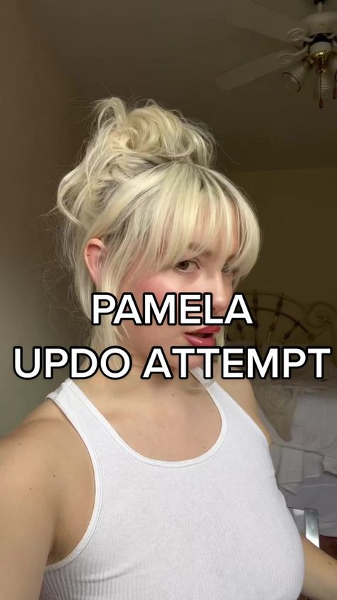 90s Updo Hairstyles With Bangs, Simple Updo With Bangs, 90s Updos, 90s Updo Tutorial, Vampy Updo, Messy Updo With Bangs, Pam Anderson Hair Tutorial, Pam Updo, 90s Hair Updo