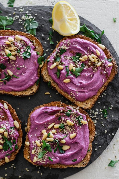 Chickpea-Free Purple Sweet Potato Hummus Toast - Flora & Vino Sweet Potato Tahini, Vegan Grill, Hummus Toast, Potato Hummus, Sweet Potato Hummus, Purple Sweet Potato, Purple Food, Purple Sweet Potatoes, Think Food