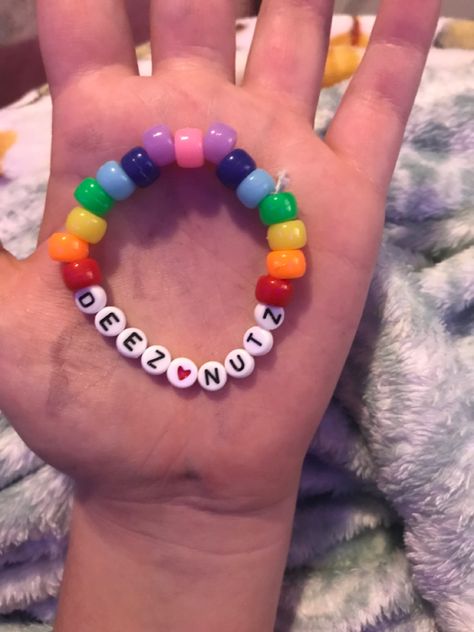 Funny Kandi Bracelets Sayings, Silly Bracelet Ideas, Kandi Singles Ideas Words, Bead Bracelet Words Ideas Bad, Funny Bracelet Ideas, Bracelet Ideas Funny, Things To Put On Bracelets Words, Word Bracelet Ideas, Funny Kandi Bracelets