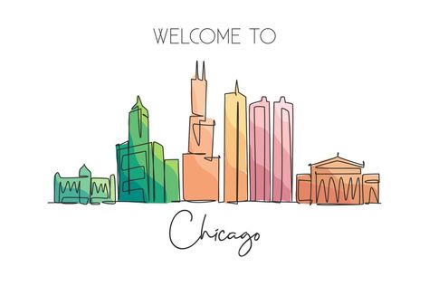 Chicago City Skyline, Continuous Line Drawing, Concept Home, Chicago City, Continuous Line, City Skyline, Design Vector, World Travel, Home Wall Decor