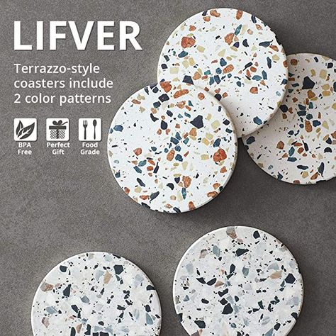 Terrazzo Decor, Terrazzo Kitchen, Terrazzo Coasters, Coasters With Holder, Coaster Crafts, Absorbent Coasters, Ice Cold Drink, Clay Diy Projects, Coaster Holder