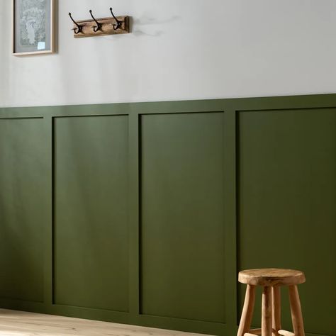 Wonder walls: transform your home with these stylish wood panelling ideas Green Panelling Kitchen, Green Panneling Rooms, Wood Panelling In Kitchen, Quarter Wall Paneling, Green Wood Panel Wall, Green Half Wall Panelling, 1930s Panelling, Wood Wainscoting Ideas, Kitchen Wall Paneling Ideas