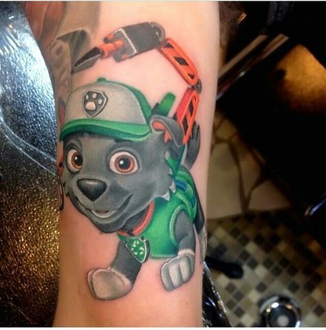 Paw patrol rocky tattoo Paw Patrol Tattoo, Rocky Tattoo, Paw Patrol Rocky, Rubble Paw Patrol, Uv Tattoo, Owl Tattoo, Name Tattoos, S Tattoo, Arm Sleeve