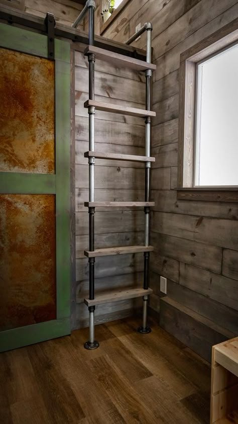 Custom 24' by Habeo Tiny Homes - Tiny Living Loft Staircase Ideas Space Saving, Loft Ladder Ideas, Pipe Ladder, Custom Home Features, House Ladder, Ladder Ideas, Tiny House Stairs, Attic Loft, Loft Stairs