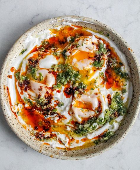 Chili crisp and kale cream fried eggs - bon abbetit Burrata Recipe Appetizers, Burrata Toast, Burrata Recipe, Eggs Fried, Recipe Appetizers, Turkish Eggs, How To Make A Poached Egg, Bagel Breakfast Sandwich, Cucumber Salsa