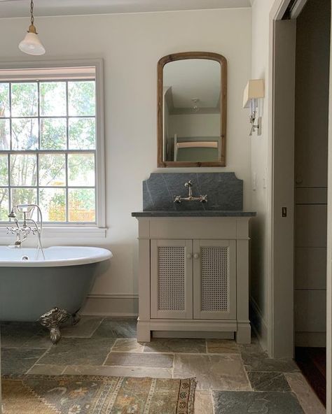 Ready for clothandkind layers 💥#thisstonefloorthough #beforeandafter New Orleans Bathroom, The Misfit House, Misfit House, Country Cottage Bathroom, Master Bath And Closet, Vintage Tub, Cottage Bathroom, Country Bathroom, Bathroom Tub