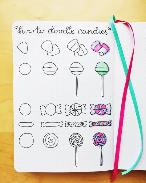 Step By Step Doodles | Wow! 🍬☺️ Awesome candy doodle tutorial made by @lepetitchat96 ✨ easy to follow steps and so beautifully coloured in 😊 This got me craving f… | Instagram Cute Doodling Ideas, Doodle Ideas Simple, Cute Doodling, Simple Doodle Ideas, Step By Step Doodles, Bullet Journal Drawings, Objects To Draw, Patterns Doodle, Journal Doodle Ideas