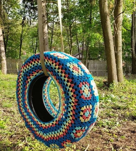 Tire Swing Cover | Etsy Garden Crochet, Tire Chairs, Reuse Old Tires, Tire Craft, Tire Furniture, Tire Swings, Tire Garden, Tire Art, Crochet Circle