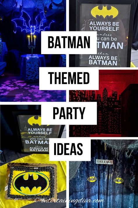 Elegant Batman Themed Party Ideas For Adults | Adult Batman Party Gotham City Party Decorations, Batman Table Decorations, Gotham City Decorations, Batman Halloween Decorations, Gotham City Party, Batman Trunk Or Treat Ideas For Cars, Batman Party Games, Batman Wedding Theme, Adult Superhero Party