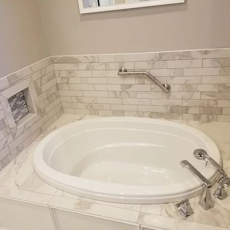 75 Drop-In Bathtub Ideas You'll Love - August, 2023 | Houzz Oval Tub Surround Ideas, Bathroom Tub Backsplash Ideas, Drop In Bathtub Tile Surround Ideas, Tile Around Drop In Tub Master Bath, Drop In Tubs With Tile Surround, Garden Tub Tile Surround Ideas, Drop In Bathtub Ideas, Bathtub With Steps, Drop In Tub Surround Ideas