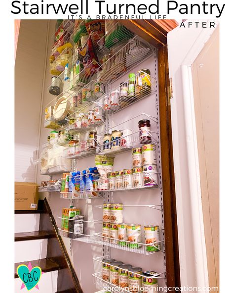 All designs and creations by Tommy and Carolyn Braden  FULL PROJECT: CLICK THE LINK OR PHOTO! #pantry #kitchenorganization #pantry #farmhousedecor #storageideas Pin me! carolynsbloomingcreations.com Stairwell Pantry Ideas, Stairway Pantry Storage Ideas, Pantry In Stairwell, Basement Stairway Storage, Top Of Basement Stairs Storage, Basement Stairwell Storage, Pantry Above Basement Stairs, Basement Pantry Storage, Stairway Landing Ideas