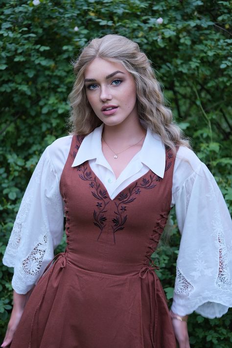 Willow Dress - Walnut – CottagecoreWear Tie Corset, Willow Dress, Brown Embroidery, Linen Pinafore, Ren Fair, Delicate Embroidery, Embroidery Dress, Looks Vintage, Corsets