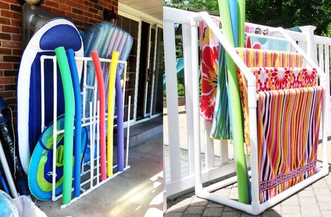 8 Ways to Use PVC Pipes For Storage This Summer – Personal Mini Storage Blog Pool Accessories Storage Ideas, Lake Tube Storage Ideas, Pool Noodle Holder Ideas, Pool Organization Ideas Diy Projects, Pool Storage Ideas For Floats, Diy Pool Float Holder, Pool Raft Storage Ideas, Pool Raft Storage Ideas Diy, Storage For Pool Floats