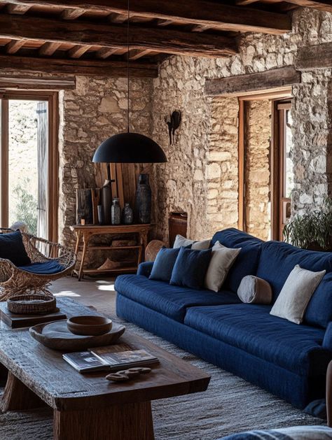 Rustic Brown Living Rooms with Navy Magic ✨🏡 Get Inspired! - Brown Living Rooms, Rustic Living Rooms, Navy Armchair, Navy Accent Chair, Brown Leather Furniture, Navy Curtains, Navy Blue Sofa, Rustic Wooden Shelves, Navy Accents