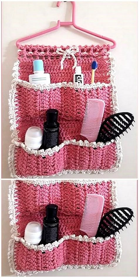 How To Crochet Smart Hanging Organizers Modern Home Decor Crochet Door Organizer, Crochet For The Bathroom, Crochet Hanging Shelves, Crochet House Hold Items, Crochet Makeup Organizer, Crochet Locker Decorations, Crochet Bathroom Organizer, Crochet Wall Organizer Free Pattern, Crochet Hanging Organizer