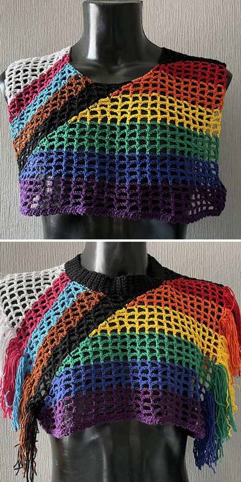 Crochet Shirts, Crochet Men, Crochet Cowl Pattern, Mesh Tops, Crochet Fringe, Crochet Tops Free Patterns, Rainbow Crochet, Crochet Fashion Patterns, Crochet Shirt