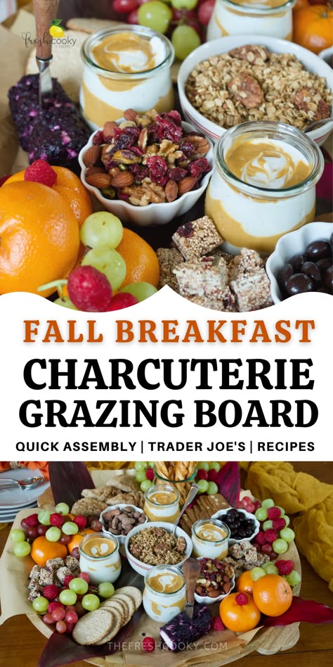 Fall Breakfast Decorations, Fall Charcuterie Board For Two, Fall Breakfast Board Ideas, Granola Charcuterie Board, Fall Continental Breakfast, Brunch Fall Ideas, Fall Breakfast Brunch Ideas, Fall Brunch Grazing Table, Easy Brunch Charcuterie Board Ideas