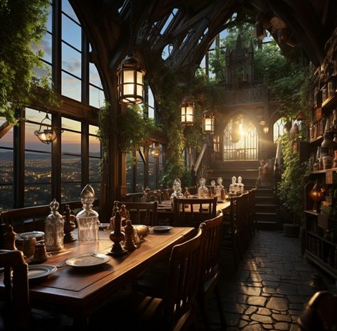 **harry potter castle restaurant in the night, in the style of delicately rendered landscapes, backlight, studyplace, dark white and brown, fairycore, organic architecture, lively tavern scenes Image Harry Potter Coffee Shop, Harry Potter Restaurant, Tavern Restaurant, Castle Restaurant, Harry Potter Castle, House Redo, Fancy Restaurants, Harry Potter Style, Dark White