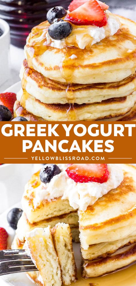 These easy Greek yogurt pancakes are the perfect homemade pancake recipe. Light, fluffy, slightly tangy, and perfect for stacking – they taste amazing with maple syrup! #pancakes #breakfastrecipes #greekyogurt Greek Yogurt Pancakes Recipe, Greek Yogurt Pancakes, Dessert Halloween, Homemade Pancake Recipe, Peach Tart, Yogurt Pancakes, Pancake Recipe Easy, Greek Yogurt Recipes, Desserts Vegan