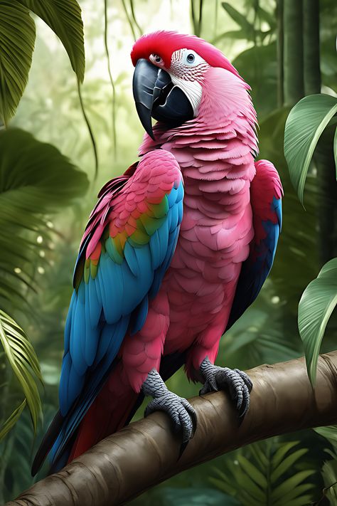 A beautiful amazing pink parrot sitting on a branch in the jungle Jungle Parrot, Jungle Drawing, Pink Parrot, Parrot Drawing, Bird Coloring, Durga Ji, Parrot Painting, Jungle Birds, Parrots Art