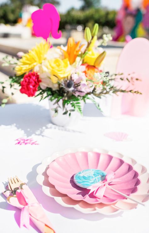 Kara's Party Ideas Malibu Barbie Birthday Party | Kara's Party Ideas Malibu Barbie Centerpieces, Barbie 4th Birthday, Seashell Plates, Malibu Barbie Birthday Party, Malibu Barbie Party, Barbie Themed Birthday Party, Barbie Centerpieces, Barbie Decor, Barbie Pool Party