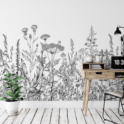 Nature's Garden Mural KM059 Self Adhesive Floral Mural | Etsy Garden Mural, Textile Wallpaper, Large Scale Wallpaper, Bedroom Murals, Textile Wall Art, Plant Drawing, Hand Drawing, Wallpaper Panels, Cafe Design