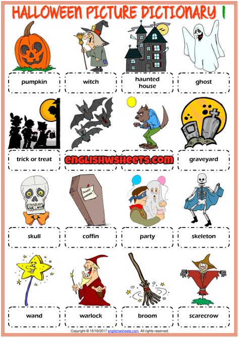 Halloween ESL Printable Picture Dictionary For Kids Horror Vocabulary, Halloween Adjectives, Halloween English Worksheets, Halloween Esl, Halloween Esl Printables, Halloween Worksheets Free, English Picture Dictionary, Halloween Quiz, Quizzes For Kids