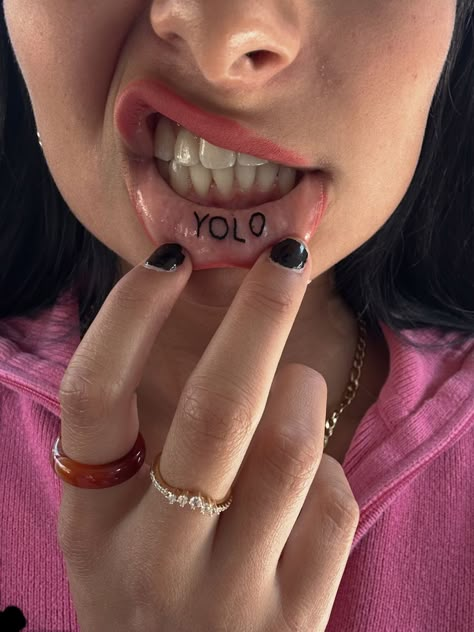 Yolo Lip Tattoo, Tatto Lips, Yolo Tattoos, Eminem Tattoo, Inner Lip Tattoo, Whimsical Creatures, Small Tats, Sealed With A Kiss, Sharpie Tattoos