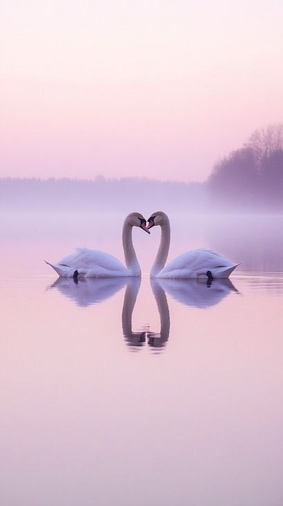 In the serene dawn light, two graceful swans create a perfect picture of love and symmetry. With necks entwined, they form a heart-shaped silhouette against the mirroring calm waters of the lake. The surrounding mist adds a mystical aura to the scene, enhancing the tranquil and romantic atmosphere. This captivating moment is a testament to nature's beauty and the elegance of these majestic creatures. Swan Heart Aesthetic, Swan Silhouette, Swan Spiritual Meaning, Swan Love Heart, Picture Of Love, Two Swans, Swans In A Lake, Heart Image, Majestic Creatures