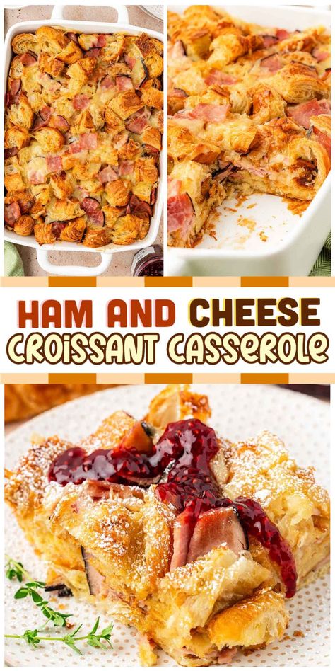 This Ham and Cheese Breakfast Casserole is made with refrigerated croissants, deli ham, and shredded Swiss cheese for an EASY breakfast dish that can be prepped the night before! Top it with powdered sugar and raspberry jam for a savory, sweet breakfast that everyone will devour in record time! via @sugarandsoulco Savory Croissant Breakfast Casserole, Ham And Swiss Croissant Pillsbury, Crossiant Casserole, Crossiant Breakfast Pie, Crossiant Casserole Breakfast, Croissant Breakfast Pie, Ham And Cheese Croissant Casserole, Deli Ham Recipes, Breakfast Casserole With Ham