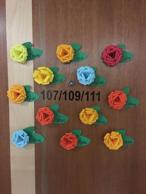 3D Rose door decs door tags for my girls! easy paper folding/rolling to create these :) Flower Door Decs Ra, Spring Semester Door Decs, Reslife Door Decs, Cute Ra Door Decs, Ra College, Ra Door Tags, Ra Inspiration, Patio Door Coverings, Ra Door Decs