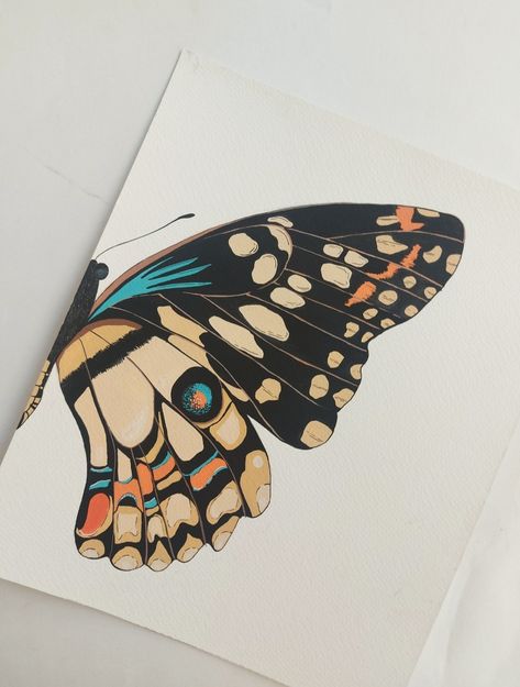 Realistic Butterfly Painting, Half Butterfly Painting On Canvas, Trippy Butterfly Painting, Half Butterfly Painting, Half Butterfly Drawing, Gouache Butterfly, Gouache Painting Ideas For Beginners, Painting With Gouache, Shadow Painting