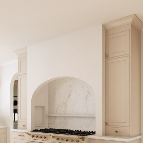 Patrick Resendiz | 3D Renderings & Design on Instagram: "Kitchen 3D design and rendering.  Want to learn about 3D renderings and design?  Message me to get started and checkout my Beginner Course.  Patrick patrickresendiz.com @patrickaresendiz" Arch Oven Hood, Arched Stove Alcove, Arched Vent Hood Ideas, Arched Kitchen Hood, Kitchen Hood Plaster, Hidden Range Hood, Arched Hood Vent, Venetian Plaster Range Hood, Kitchen With Hood Over Stove