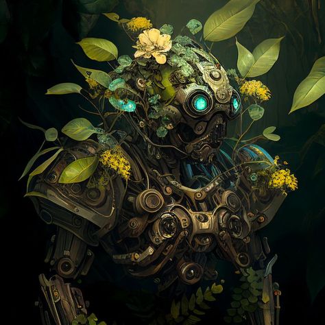 Biopunk Aesthetic, Bio Punk Art, Biopunk Concept Art, Bio Punk Aesthetic, Biopunk Character Art, Nature Robot, Nature And Technology, Android Concept Art, Biopunk Art