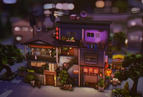 🏮 asian townhouse 🏮 Mt Komorebi, Asian House, Ramen Shop, Tumblr Sims 4, Sims Building, Sims Games, Save File, Sims 4 Build, Sims 4 Houses