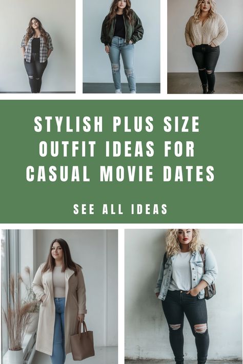 Collage of plus-size women modeling stylish outfits for casual movie dates. Casual Going Out Outfit Plus Size, Plus Size Casual Party Outfit, Casual Chic Outfit Plus Size, Plus Size Movie Date Outfit, Casual Night Out Outfit Plus Size, First Date Outfit Dinner Night Classy, Plus Size Date Night Outfits Casual, Date Outfit Plus Size, Movie Date Outfit Ideas