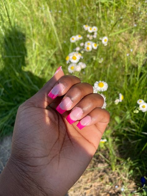 Short square acrylic hot pink nails French tip Summer Nails Acrylic Hot Pink Nails, Hot Pink Nails French Tip, French Tip Summer Nails, Pink Nails French Tip, Pink Nails French, Nails French Tip, White Tip Nails, Classy Acrylic, Hot Pink Nails