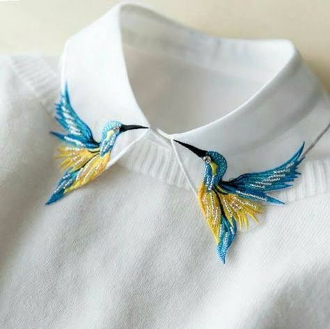 Sulaman Pita, False Collar, Fake Collar, Design Moda, Pola Sulam, Bird Embroidery, Lace Necklace, 자수 디자인, Shirt Embroidery