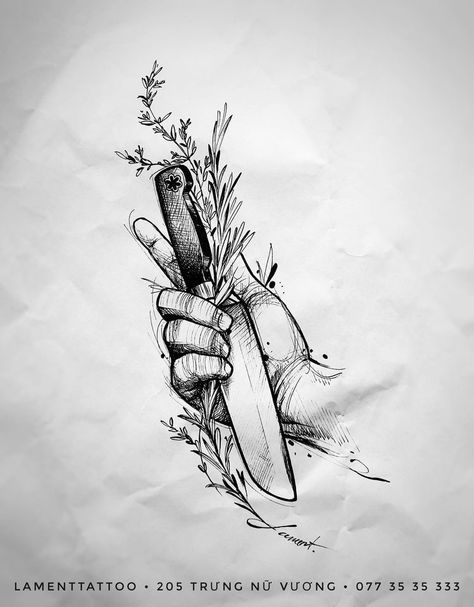 Kitchen Knife Tattoo Design, Kitchen Tattoo Ideas Chef, Chef Knife Tattoo Design, Kitchen Tattoo Ideas, Cook Tattoo Chef, Chef Tatoos Culinary Tattoos, Kitchen Knife Tattoo, Chef Tattoo Ideas For Men, Cooking Tattoo Ideas