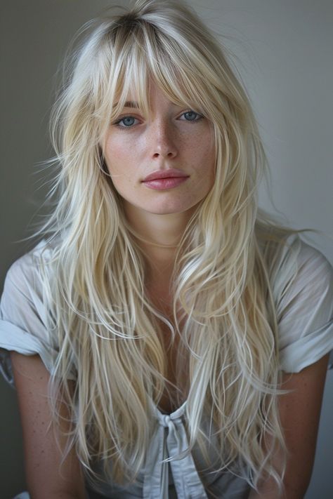 Blonde Hair Fringe, 4th Of July Hairstyles, July Hairstyles, Long Layered Hair With Bangs, Messy Blonde Hair, Blonde Fringe, Long Platinum Blonde, Blonde Bangs, Layered Hair With Bangs