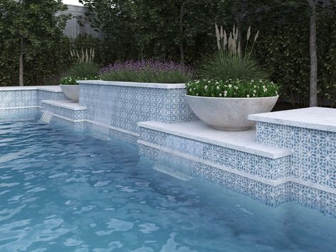 Get inspired to create your dream outdoor oasis! Discover stylish ideas for your garden, patio, or poolside and bring your vision of luxurious outdoor living to life. 🙃😍😎 Aqua Pool Tile, Modern Lap Pool, Timeless Pool Tile Ideas, Spanish Style Pool Tile, Zellige Tile Pool Waterline, Neutral Pool Tile, Pool Tile Inspiration, 2024 Pool Tile Trends, 6x6 Pool Tile Ideas